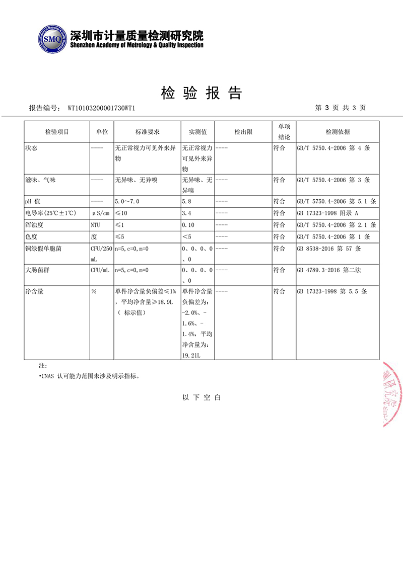 2020年1月(yuè)怡寶桶裝水(shuǐ)水(shuǐ)質檢測報告